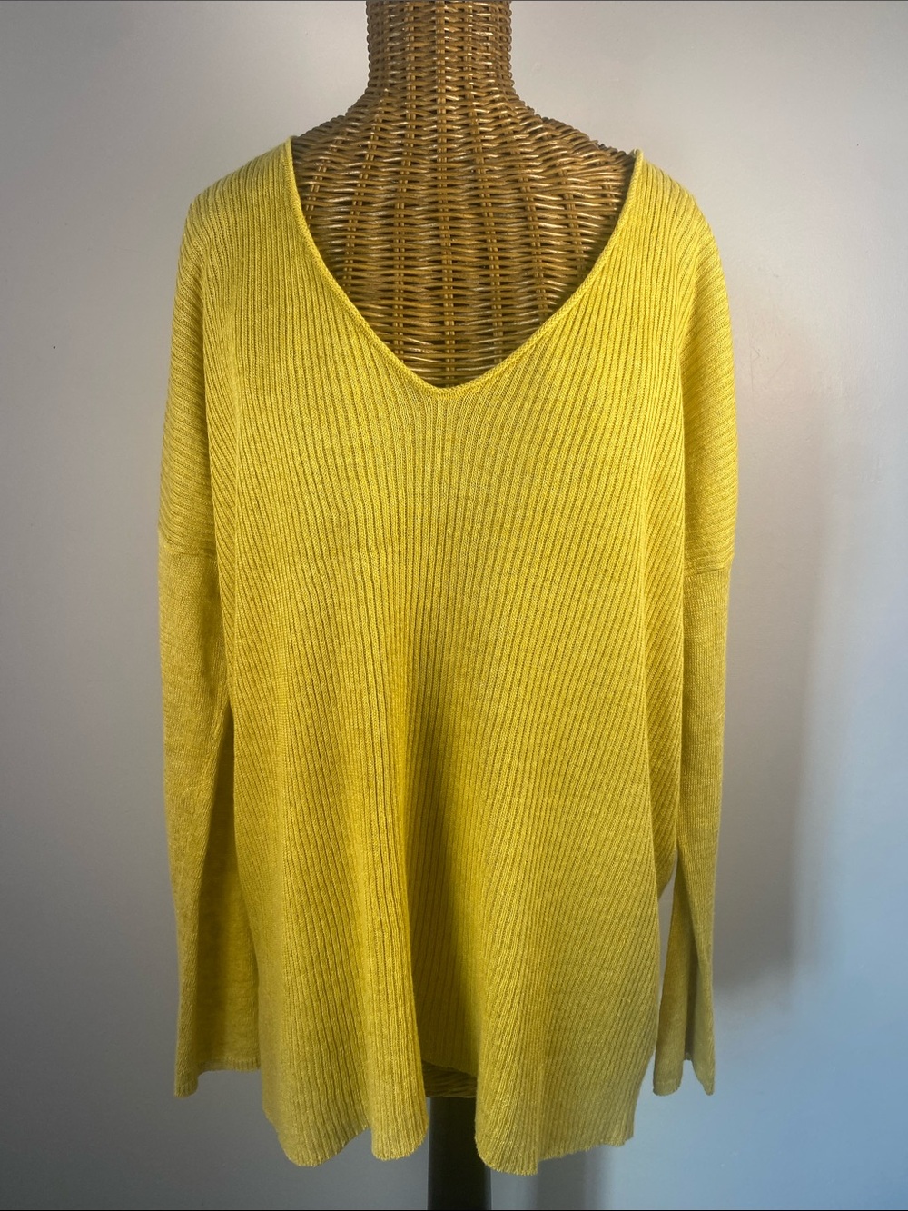 Eileen Fisher 100% Linen Mustard Yellow Ribbed V-Neck Sweater
